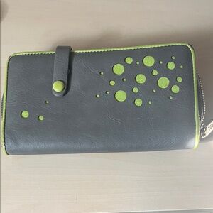 Grey and Lime Green Women's Zip Wallet with Bubble Accent